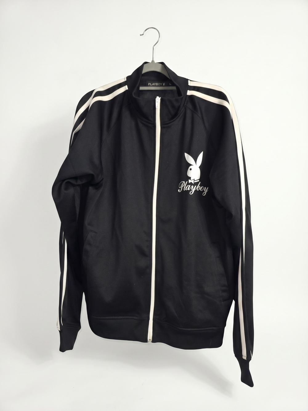 PLAYBOY Black Jacket with White Bunny and Stripe Accents